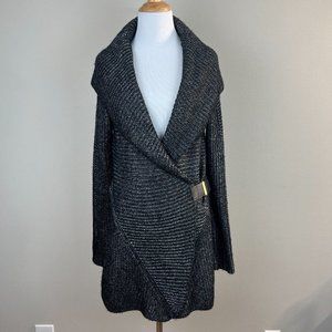 Cache Cardigan Sweater Medium Black Silver Metallic Knit Belted Shawl Collar New